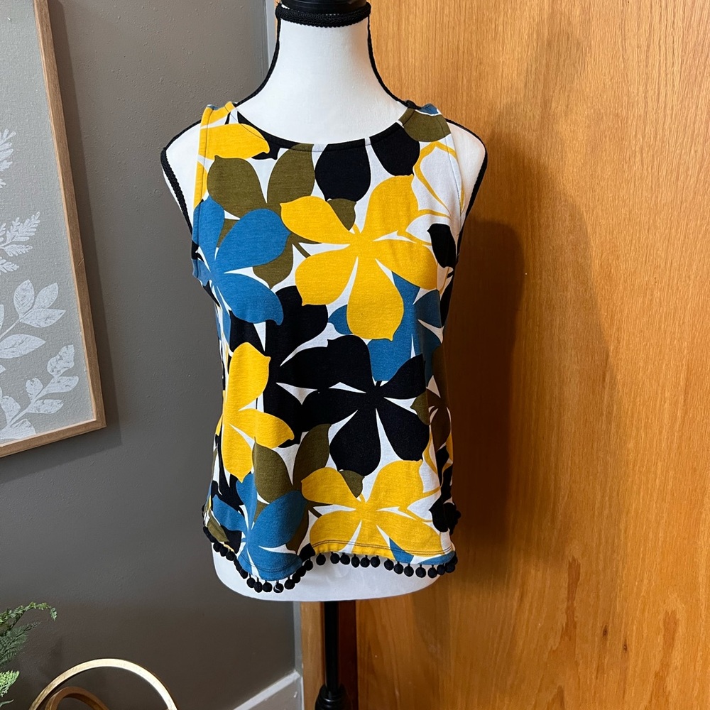 Ann Taylor Yellow & Blue Pom Pom tank xs